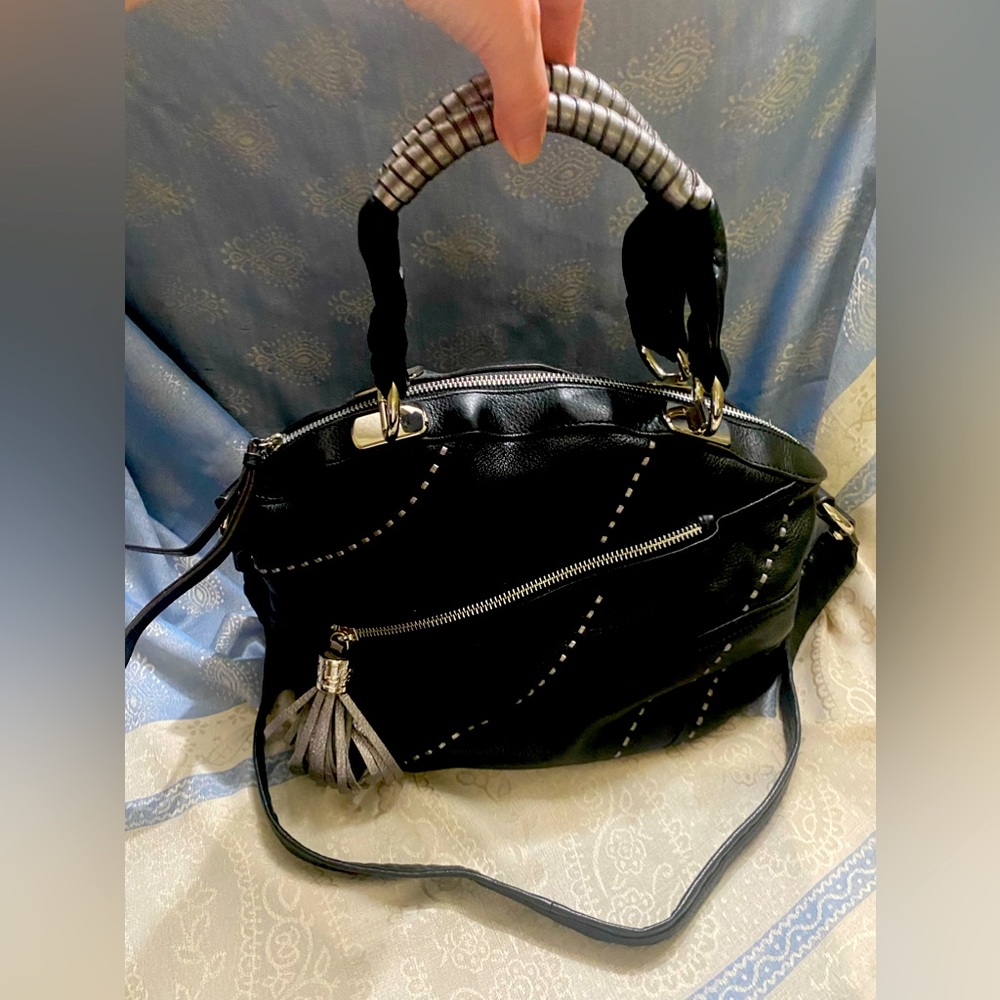 B Makowsky all leather black with silver tassel bag
